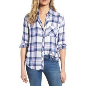 RAILS Hunter Plaid Ivory Bluebell Collared Rayon Button Down Shirt Size XS